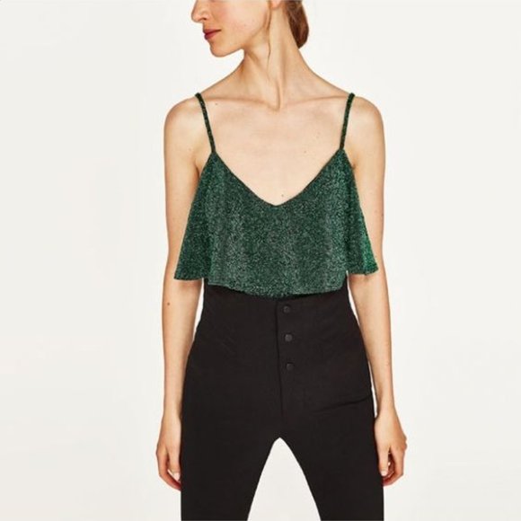 Zara Emerald Green Glitter Ruffle Bodysuit S - Picture 3 of 16